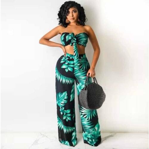 Hirigin Summer Leaves Print Tie Front Strapless Crop Top and Straight Wide Leg Trouser Matching Sets Vintage 2 Piece Suits