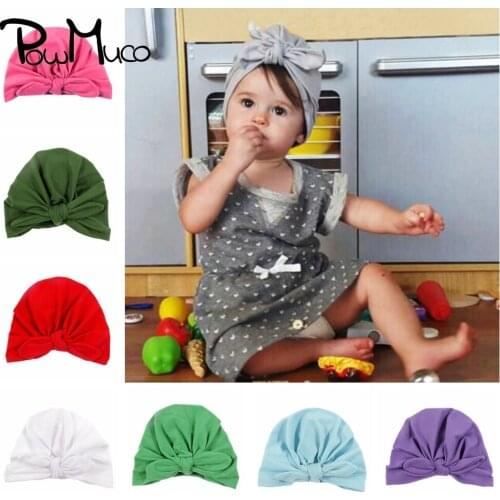 Powmuco Fashion Soft Cotton Blends Infant Hats Solid Color Bunny Ears Baby Girls Caps Handmade Knotted Kids Turban Birthday Gift