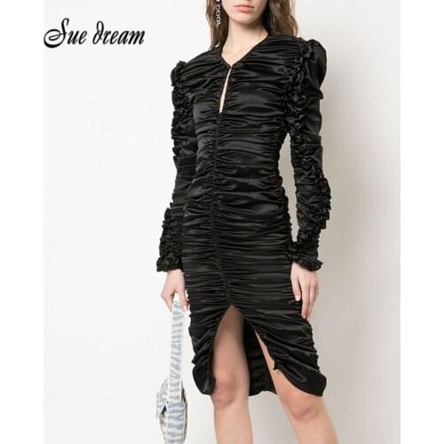 Fashion Autumn Womens Sexy V-neck Pleated Split and Knee Dress 2021 New Elegant Black Celebrity Runway Party Dress Vestido