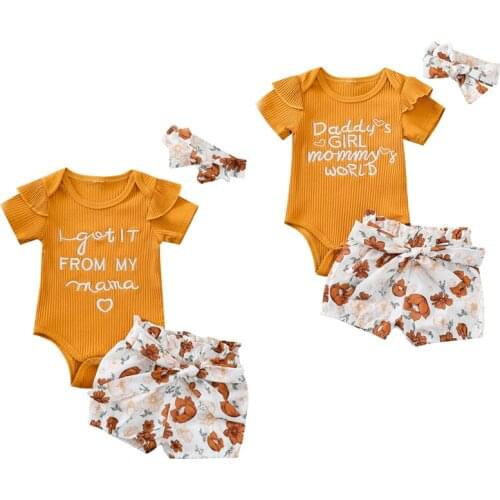 0-18M DADDY GIRL MOMMYS WOLD Baby Girl Clothes Letter Embroidery Short Sleeve Romper+Bow Floral Shorts+Headband Cute 3pcs