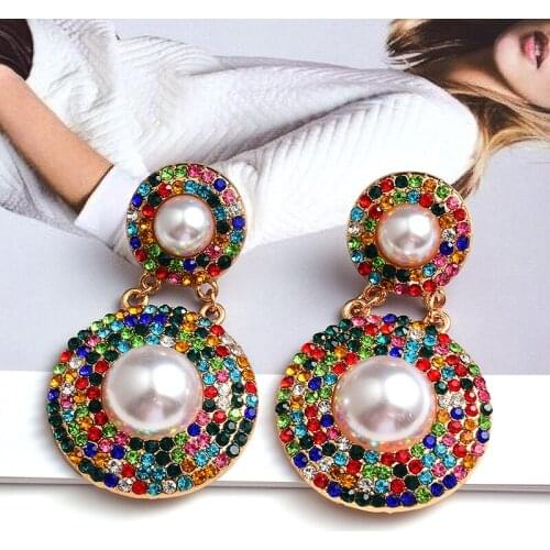 New Style Colorful Crystal Pearl Round Dangle Drop Earrings High-Quality Long Metal Pendant Jewelry Accessories For Women