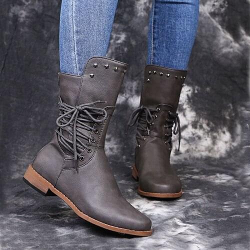 New Woman Mid Calf Boots Women Lace Up Rivet Low Heels Female Zip Footwear Ladies Leather Short Boots Womens Shoes Plus Size 43