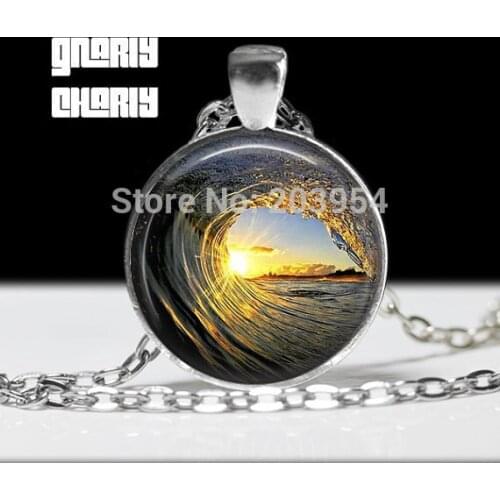 New Movie Waves And Sunset Necklace 1pcs/lot Bronze Or Steel Glass Pendant Jewelry Steampunk Mens Womens Xmas Gift 78cm Chain