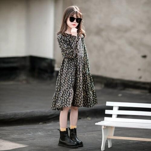 4 To 16 Years, Thin Kids and Teen Girls Floral Princess Dress 2021 Spring Autumn New Children Cotton Clothing Mid Length, #9391