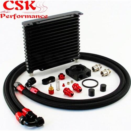 10AN 32MM 15 Rows Universal Engine Oil Cooler+73 degree Thermostat Sandwich Plate kit Black
