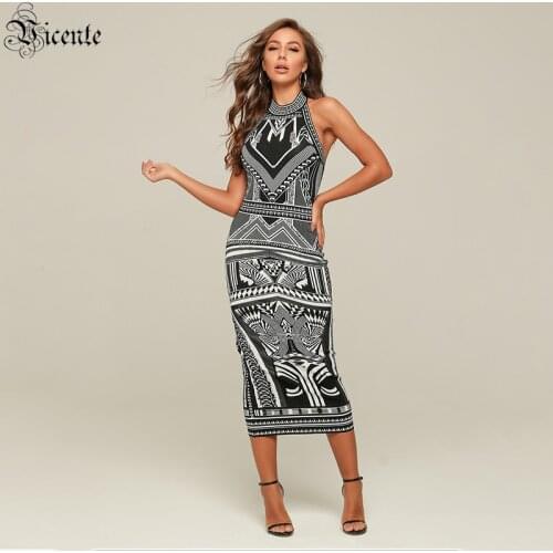VC Free Shipping Women Geometric Jacquard Dress Sexy Halter Sleeveless Vestido Celebrity Christmas Party Bandage Maxi Dress
