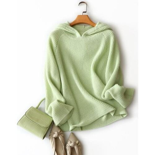 New Hooded Cashmere Sweater Women Pullover 100% Pure Cashmere Sweater Knitwear Womens Long Sleeve Casual Tops green