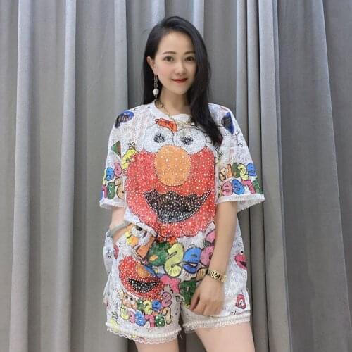 Lace Cartoon Studded Clothes Set Women Pattern Hollow Out Summer Suit Large Size Tops And Shorts