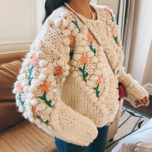 2021 New Women Knitted Cardigan Autumn Winter Single-breasted Vintage Flower Embroidery Knitted Sweater Coat Outwear