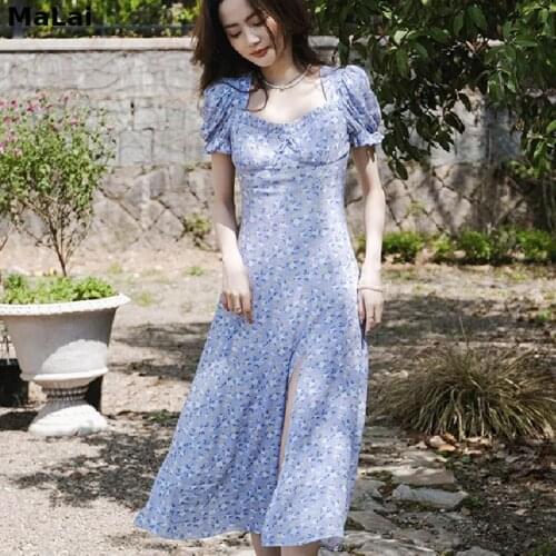 Women Square Collar Beach Elegant Vintage Dress 2021 Summer Floral Dress Female Evening Party Design Slim One Piece Dress Korean