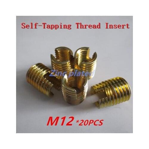 20pcs M12 Self tapping Thread Insert Self Tapping Screw Bushing Steel With Zinc Plated 302 Slotted Type Thread Repair Inset