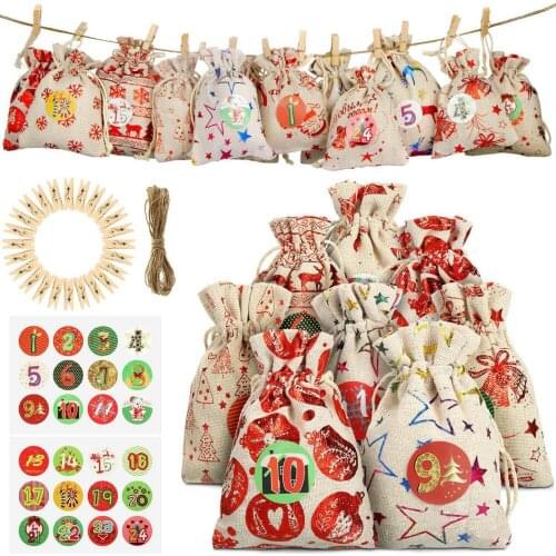 24pcs Double-sided Sewing Christmas Candy Bag with Clips Number Sticker Multicolor Storage Set Party Decor Linen Wrapping Bags