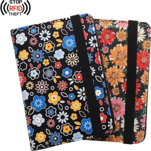 Anti-Magnetic RFID Passport Cover Women Men Travel Credit Card Holder Multi-Card Ticket Holder Flower Elastic Bandage