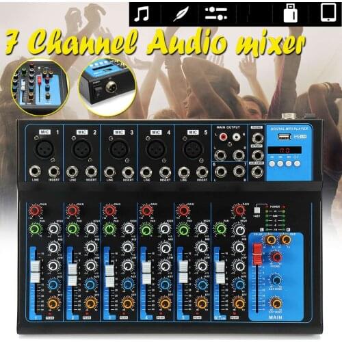 Wireless 7 Channel Audio Mixer Portable Sound Mixing Console USB Interface Computer Input 48V Phantom Power Monitor for Input