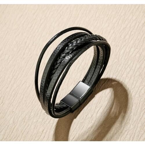 Chandle Mens Jewelry Leather Jewelry Creative Multi-layer Design Stainless Steel Magnetic Clasp Charm Cuff Bracelet