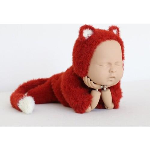 Newborn Fox Outfit Crochet Knit Footed Romper Bonnet set Teddy Bear Overall hat Photography props