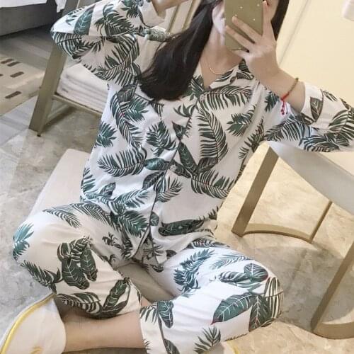 Womens Two Pieces Shirts + Pants Nighties Sleepwear Pajamas Sets Flower Print Luxury Female Satin Sexy Sleepwear Set