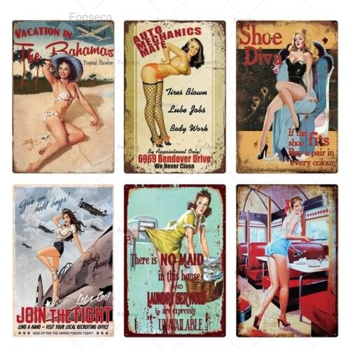 Pin Up Girl Plaque Sexy Lady Metal Tin Sign Iron Poster Wall Art Decor for Bar Pub Club Man Cave Vintage Shabby Chic Decoration