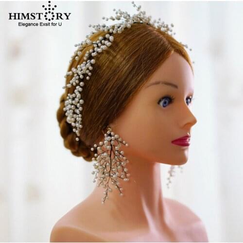 HIMSTORY Sweety Handmade Full Pearls Hairband Earring Accessories Bridal Black Vine Hair Jewelry Wedding Headwear Accessories