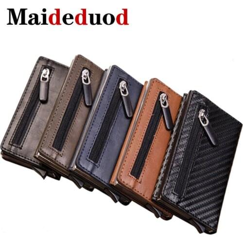 New Men Leather Metal Wallet Anti Rfid id Card Holder Case Male Coin Purse Women Mini Carbon Credit Card Holder With Zipper