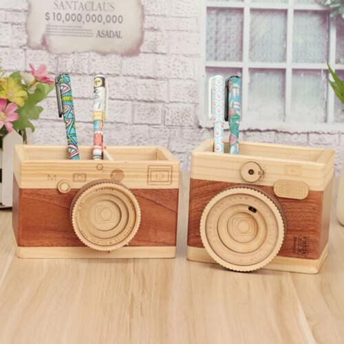 Creative Retro Camera Double Layer Pen Holder Gift Original Wooden Learning Stationery Large Pen Holder Ornaments