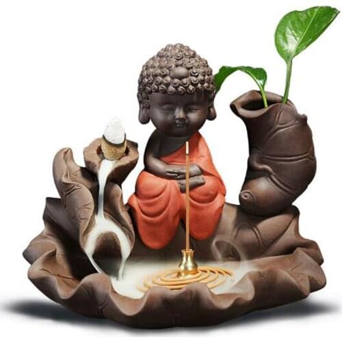 Lotus Wonderland Buddha Backflow Incense Burner Aromatherapy Censer Sandalwood Incense Holder Green Plant Vase Home Decor