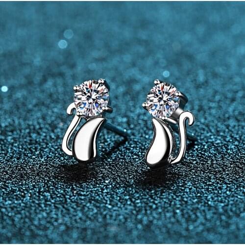 Cute Minnie Moissanite Cat Earrings Diamond Test Past Brilliant Cut 0.3 Carat 4mm Animal Shaped Gemstone Stud Earrings for Girl
