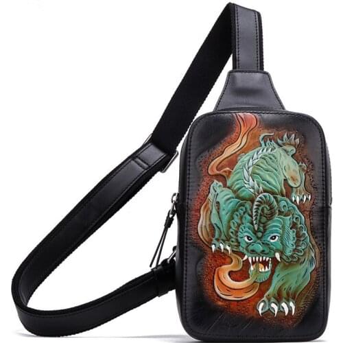 Handmade Chinese style Top layer Leather Men Vegetable Tanned Leather Shoulder Bag Cowhide Hand-carved Brave troops Chest Bags