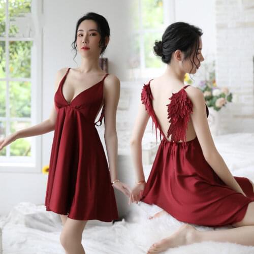 2020 new sexy lingerie womens lace perspective suspenders deep V elegant wings sexy nightdress temptation passion