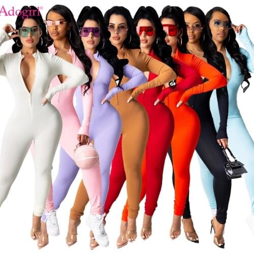 Adogirl Solid Jumpsuits 2021 Autumn Women Fashion Sexy Front Zipper Long Sleeve Skinny Overalls Slim Casual Jumper Tracksuit