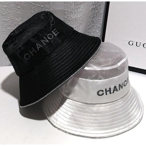 Unisex Fashion Letter Embroidery Bucket Hat Summer Women Transparent Lace Beach Panama Hat Breathable High Top Snapback Sun Cap