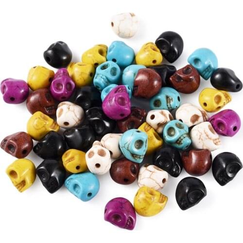 Pandahall 50pcs Halloween Howlite Skull Beads Synthetic Beads Mixed Color Loose Skull Head Beads for Jewelry Making DIY Bracelet
