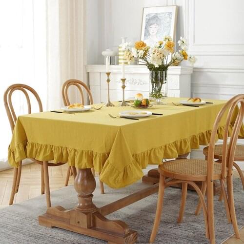 Simple solid color ruffled household cotton and linen square table linen soft washable easy care coffee table tablecloth spot