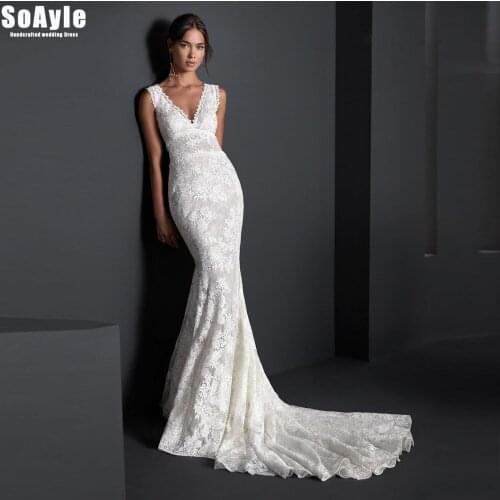 SoAyle Elegant Mermaid Wedding Dress with Long Train Transparencies Lace Bodice Deep V Neckline Wedding Dresses Plus Size Women