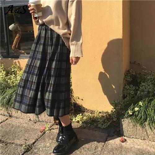 Anbenser 2021 Vintage Wool Pleated Plaid Skirt Women High Waist Long Skirts Autumn Winter Harajuku Party Skirt Female Streetwear