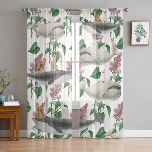 Funny Flower Whale Cat Animal Fresh Plant Voile Tulle Sheer Curtains for Bedroom Living Room Kitchen Decor Window Curtain