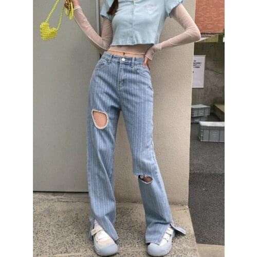 Real shot 2021 new fashion ladies ripped jeans summer high waist split loose straight drape wide-leg pants