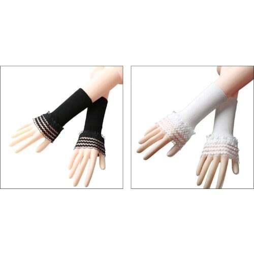 Women Ribbed Knitted Arm Warmers Ruffles Lace Patchwork Horn Cuffs Fake Sleeves Solid Color Stretchy Fingerless Gloves