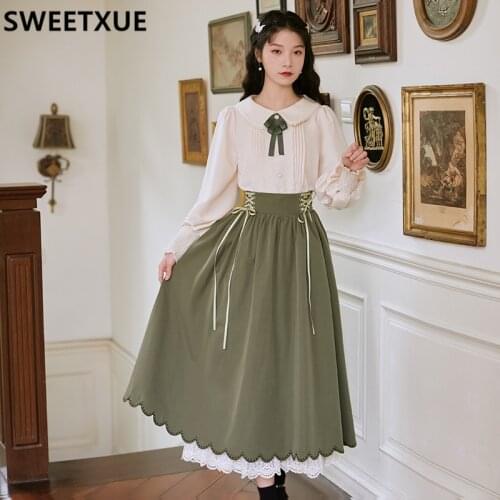 SWEETXUE Two Piece Outfits Preppy Style Cute Peter Pan Collar Bow Long-Sleeved Blouse+Lace Double Layer Skirt Top Set Suit Women