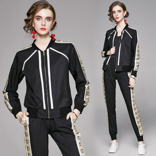 Print Black Casual Tracksuit Women Female 2020 New Autumn Fashion Zipper Pocket Jacket+long Pant Two-Piece Set 2piece Set Outfit