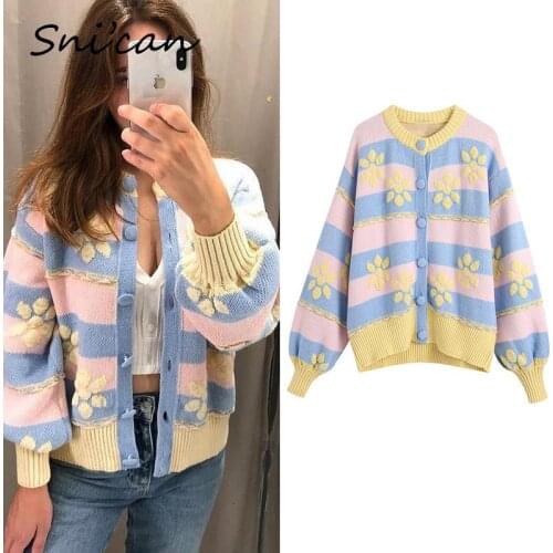 Floral Striped Cardigan Fashion Autumn Winter Long Sleeve Knitted Sweater Za 2021 Women Casual Tops Gilet Femme Manche Longue