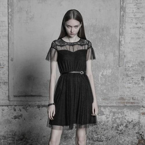 PUNKRAVE Womens Punk Black Swan Fairy Mesh Dress Winth Belt Gothic Lace Modal Party Dress