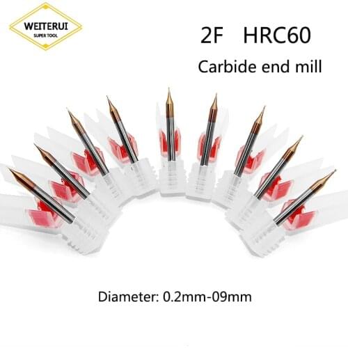 1PC Micro 2F HRC60 End Mill 0.2mm 0.3mm 0.4mm 0.5mm to 0.8mm 0.9mm Grain Tungsten Carbide Endmills CNC Milling Router Bit Tool
