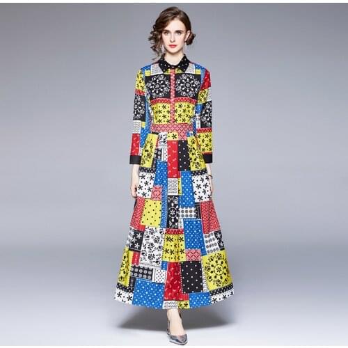 2021 New Fashion Big Shirt Long Dress Women Luxury Print Lapel Long Sleeve Large Swing Maxi Long Dresses for Women Elegant
