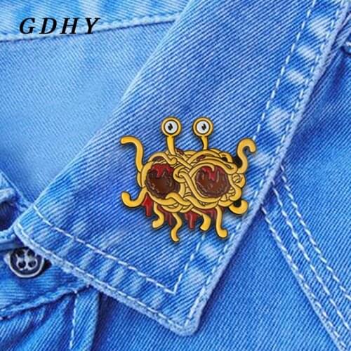 GDHY Cartoon Flying Spaghetti Monster Brooch Flying Noodles Spaghetti Enamel Pin Backpack Hats Button Spaghetti Brooch For Women
