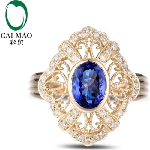 CaiMao 14KT/585 Yellow Gold 1.35 ct Natural IF Blue Tanzanite AAA 0.4 ct Full Cut Diamond Engagement Gemstone Ring Jewelry