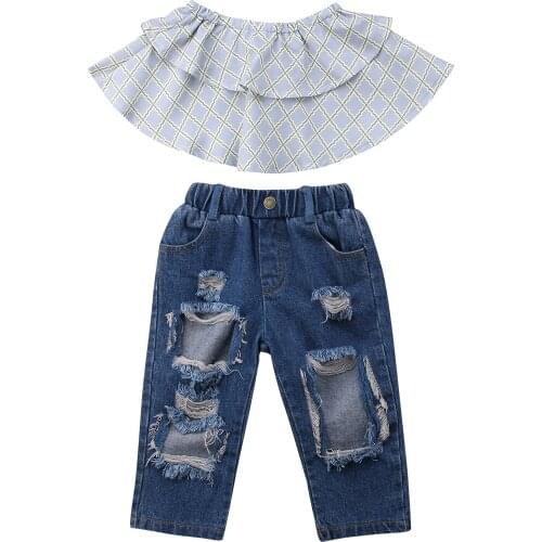 Kid Baby Girl Off Shoulder Top Plaid Shirt Hole Jeans Denim Pant Outfits Summer Size 2-6T