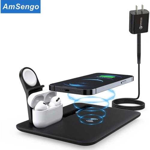Amsengo 4 in 1 Induction Qi Wireless Charger 15W Fast Charging Holder For iPhone 12 Pro Max for Apple Watch Airpods Pro Charger