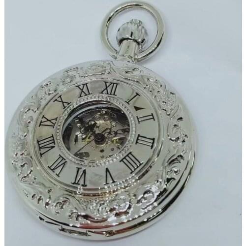 Classic Silver Carved Roman Number Skeleton Mechanical Pocket Watch with Chain Men Women Flip Pocket Watches 10pcs/lot