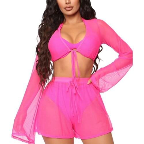 2 Piece Set Sexy Women Bikini Cover Ups Solid Transparent Long Sleeve Women Bathing Suit Bandage High Waist Beachwear